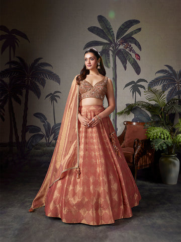 Peach Gold Zardozi & Zari Woven Silk Lehenga