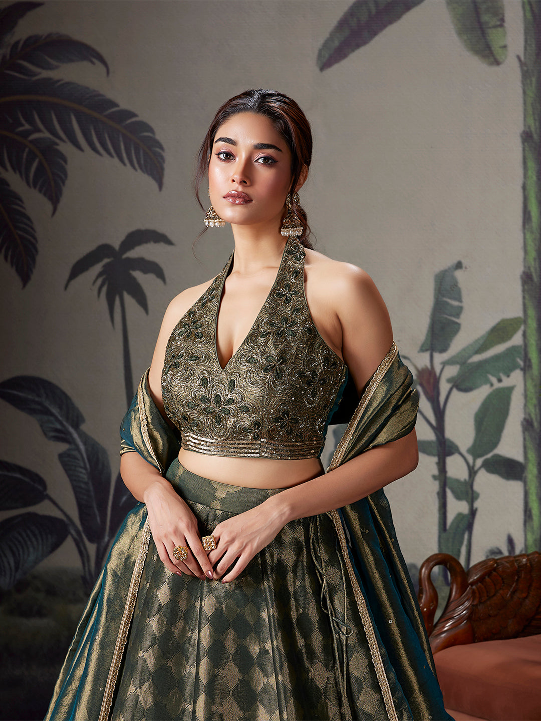 Olive Green Intricate Silk Lehenga Set