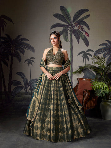 Olive Green Intricate Silk Lehenga Set