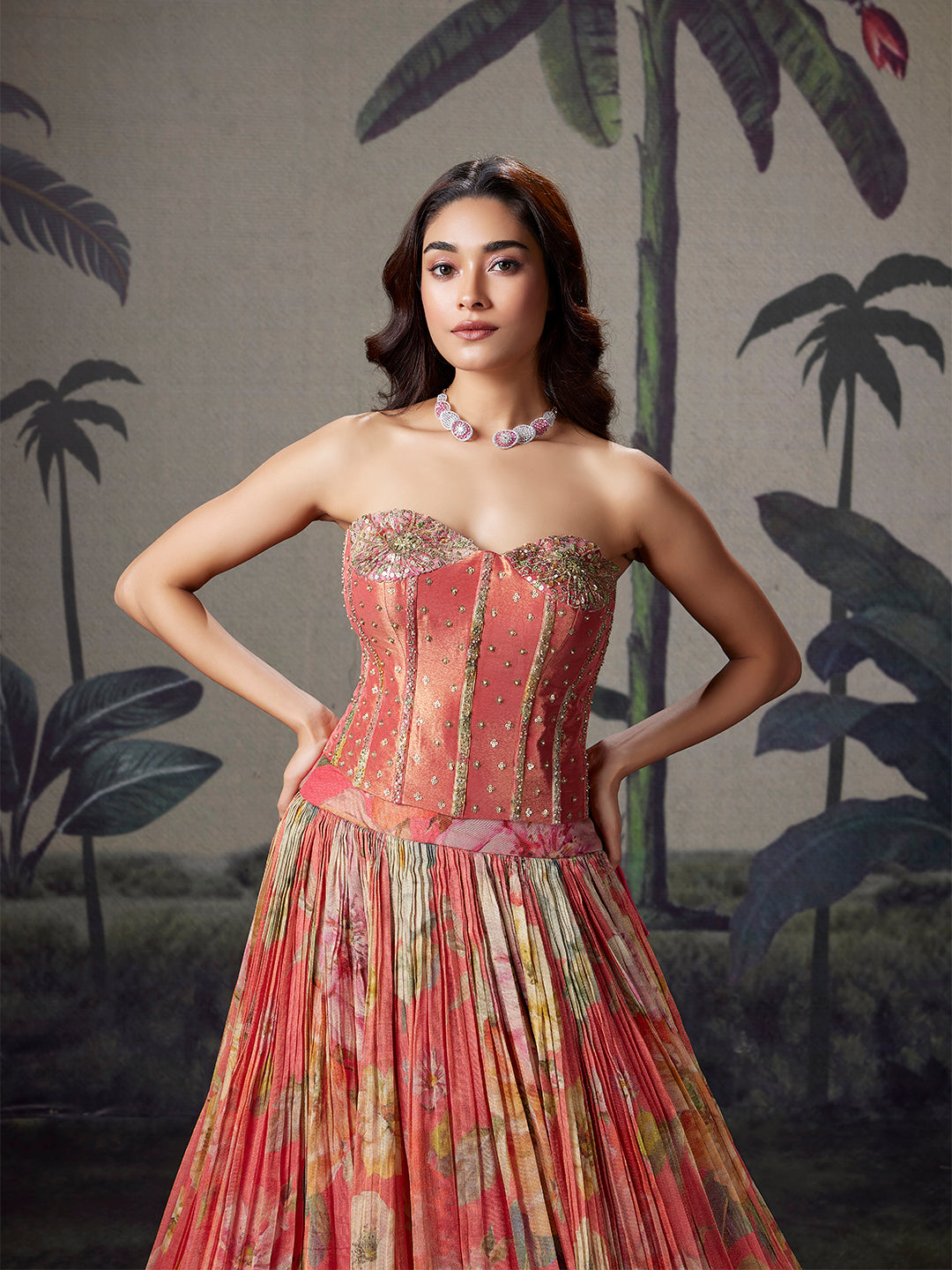 Coral Pink Printed Organza Lehenga Set