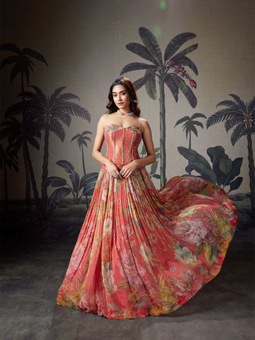 Coral Pink Printed Organza Lehenga Set