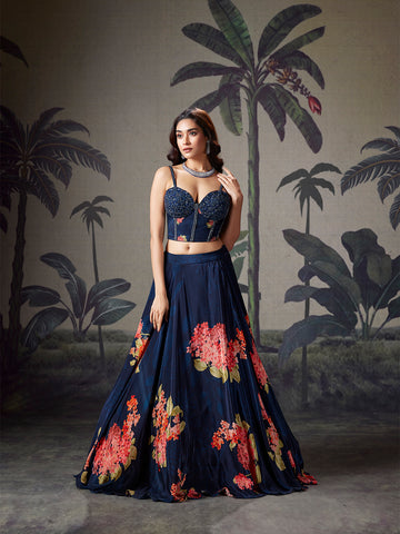 Navy Blue Sequin & Bead Organza Lehenga