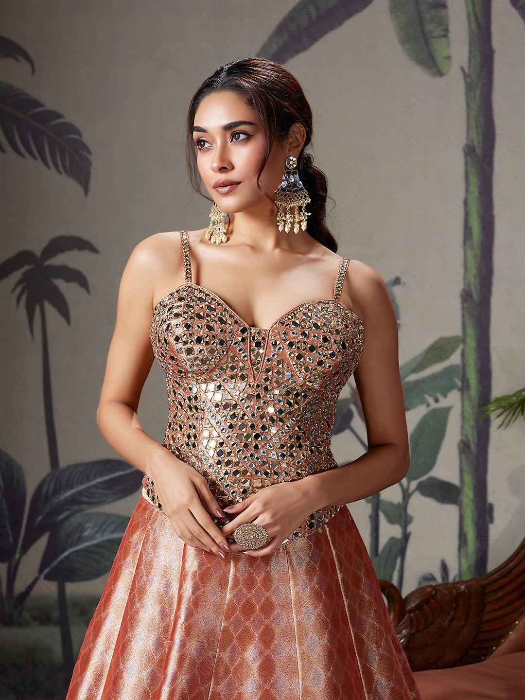 Peach Gold Mirror Work Silk Lehenga
