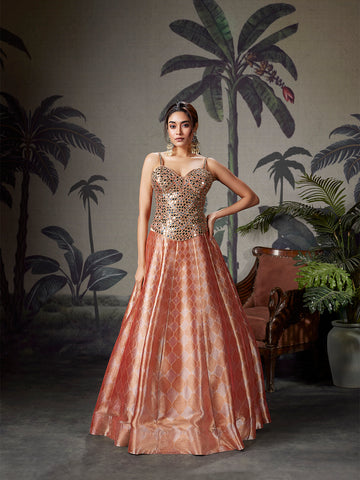 Peach Gold Mirror Work Silk Lehenga