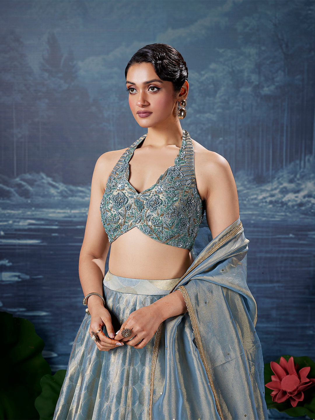 Powder Blue Intricate Hand-Embroidered Silk Lehenga