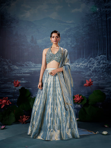 Powder Blue Intricate Hand-Embroidered Silk Lehenga