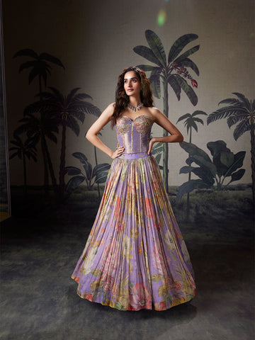 Lavender with Multicolour Printed Organza Lehenga