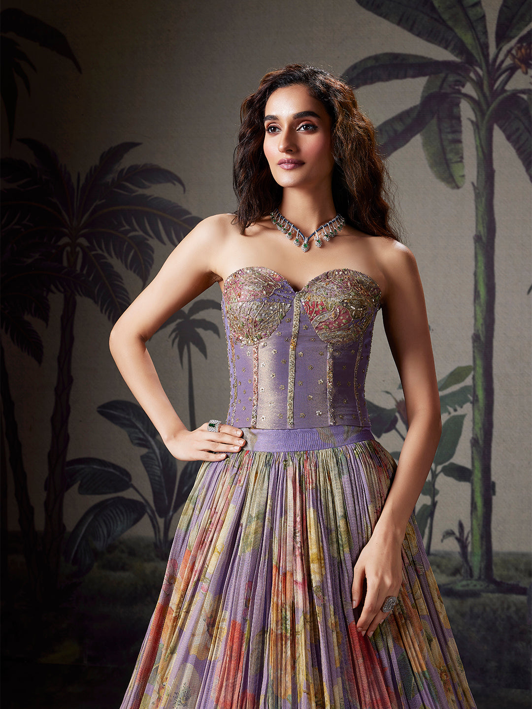 Lavender with Multicolour Printed Organza Lehenga