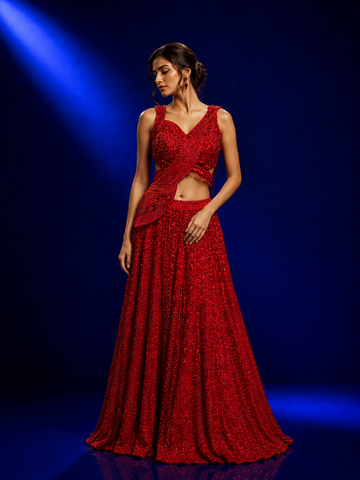 Ruby Red Net Lehenga Set