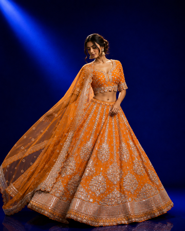 Sunset Orange Embroidered Lehenga Set