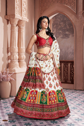 Ivory Red Silk Printed Lehenga