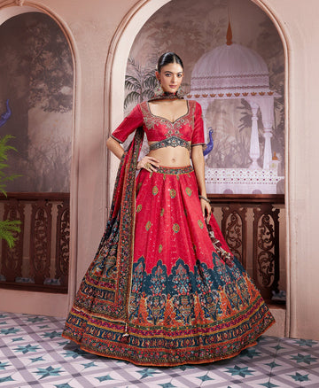 Red Multicolour Silk Printed Lehenga