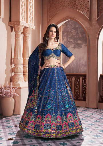 Deep Blue Multicolour Silk Lehenga