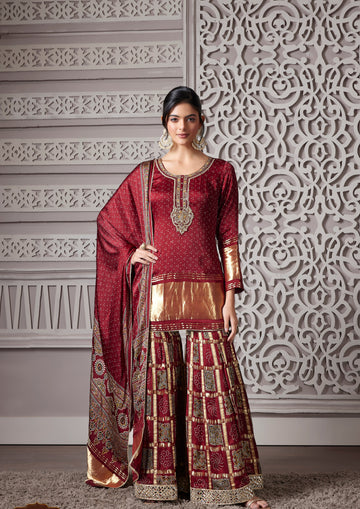 Deep Red Gold Silk Suit