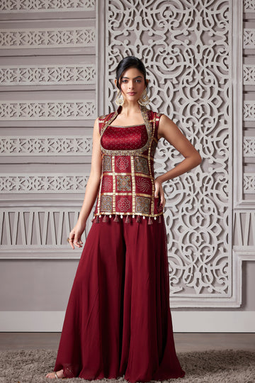 Dark Red Gold Silk Suit