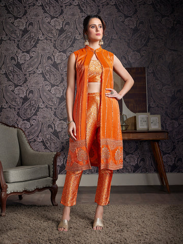 Orange Printed Embroidered Jacket Set