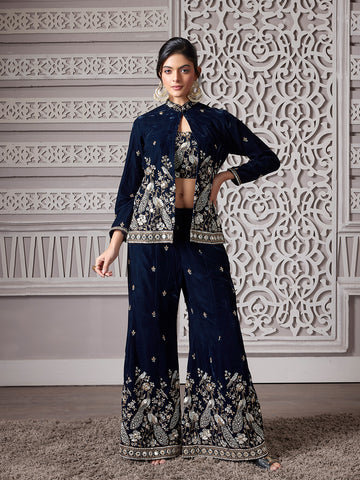 Navy Blue Velvet Jacket Set