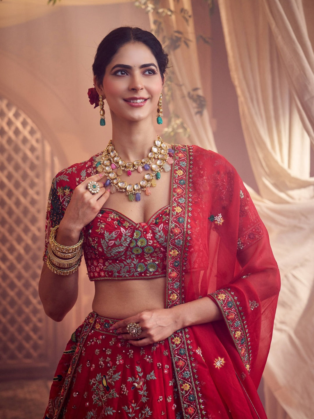 Peacock Motif Red Raw Silk Embroidered Lehenga