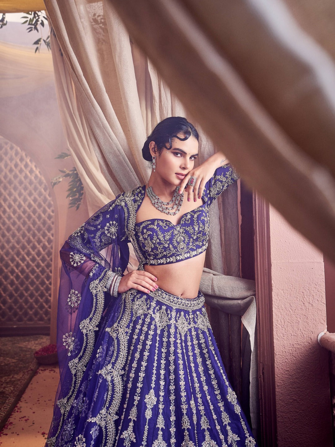 Royal Blue Hand Embroidered Raw Silk Lehenga