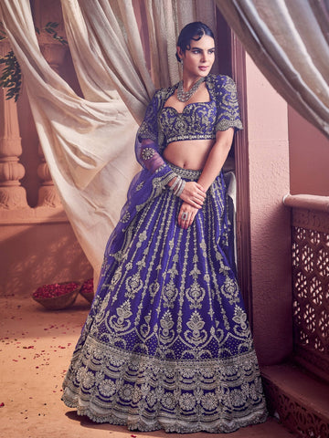 Royal Blue Hand Embroidered Raw Silk Lehenga