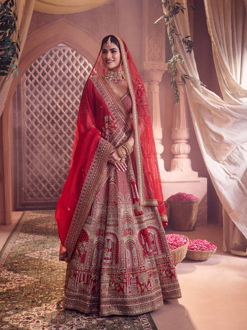 Royal Heritage Red Raw Silk Bridal Lehenga Set with Hand Embroidery