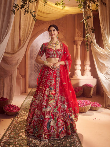 Peacock Motif Red Raw Silk Embroidered Lehenga
