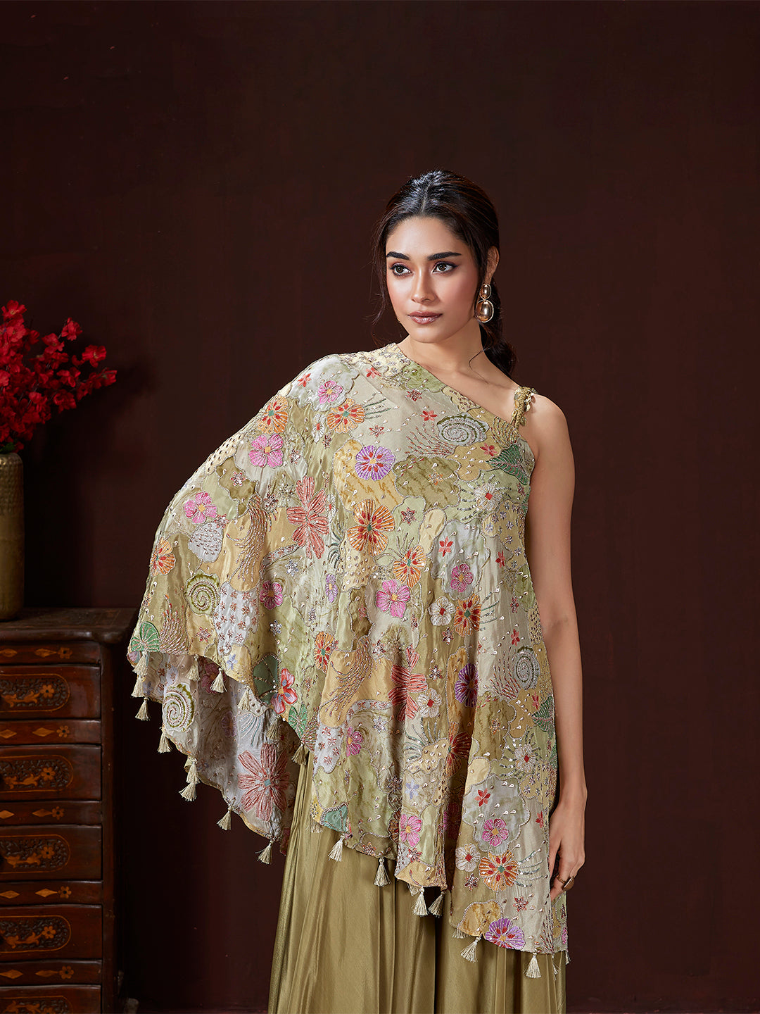 Olive Floral Asymmetric Sharara Set