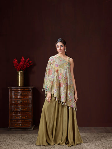 Olive Floral Asymmetric Sharara Set