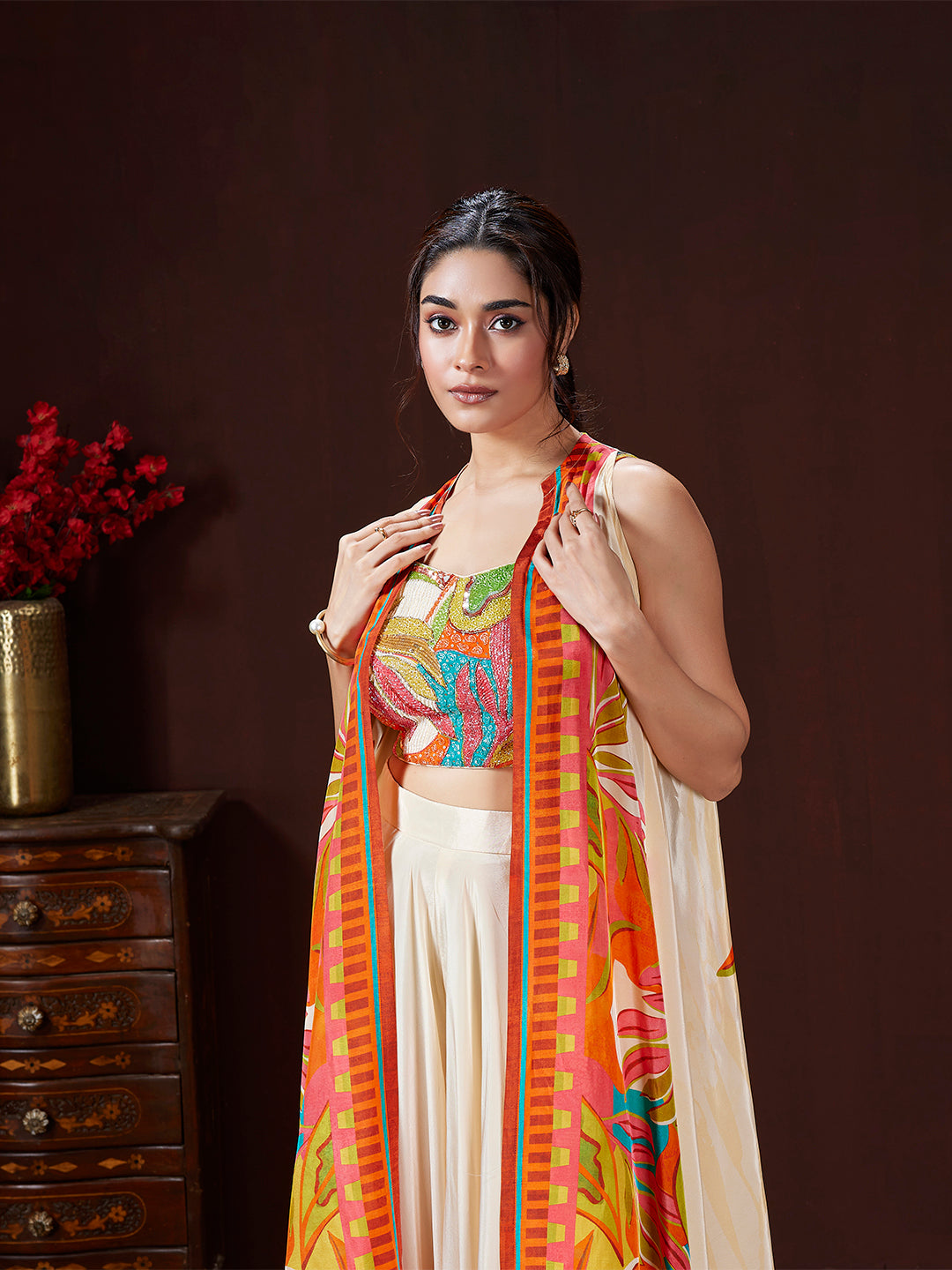 Ivory Orange Printed Jacket Sharara