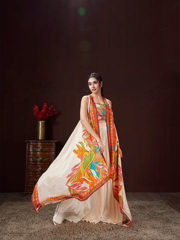 Ivory Orange Printed Jacket Sharara