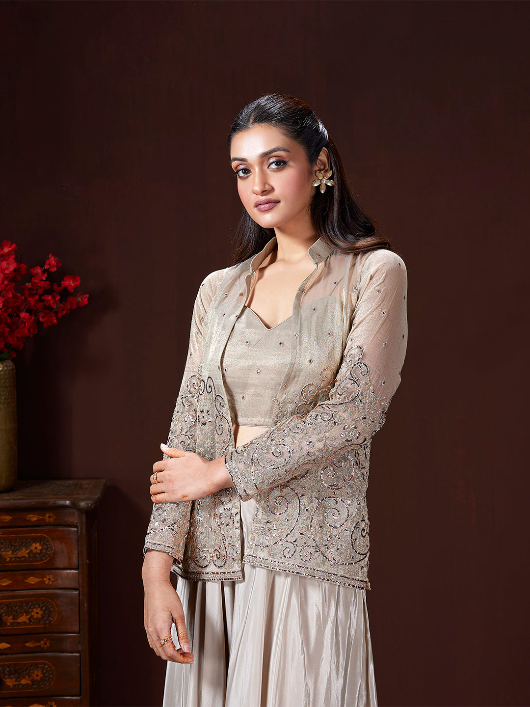 Beige Tone-on-Tone Resham Sharara