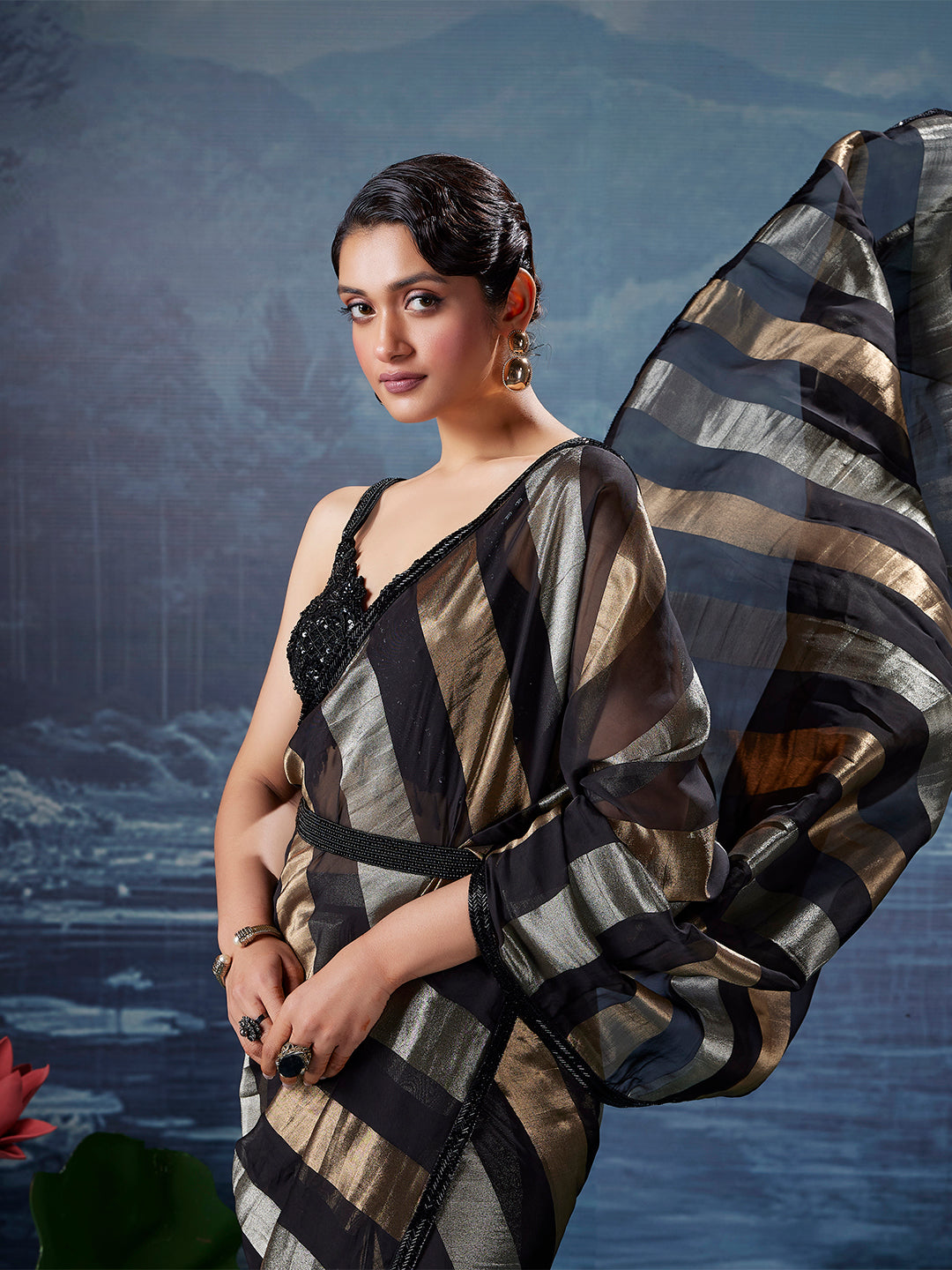 Midnight Gold Organza Saree