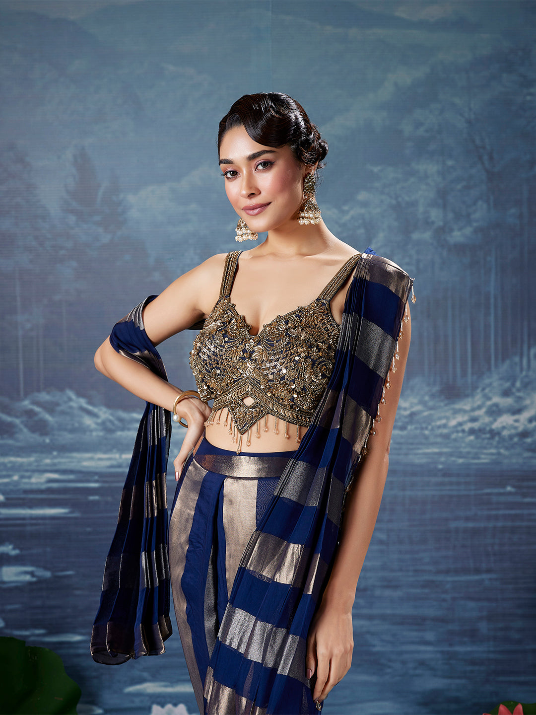 Slate Gilded Stripe Saree
