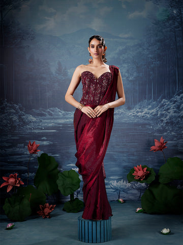 Maroon Velvet-Sheen Lycra Saree