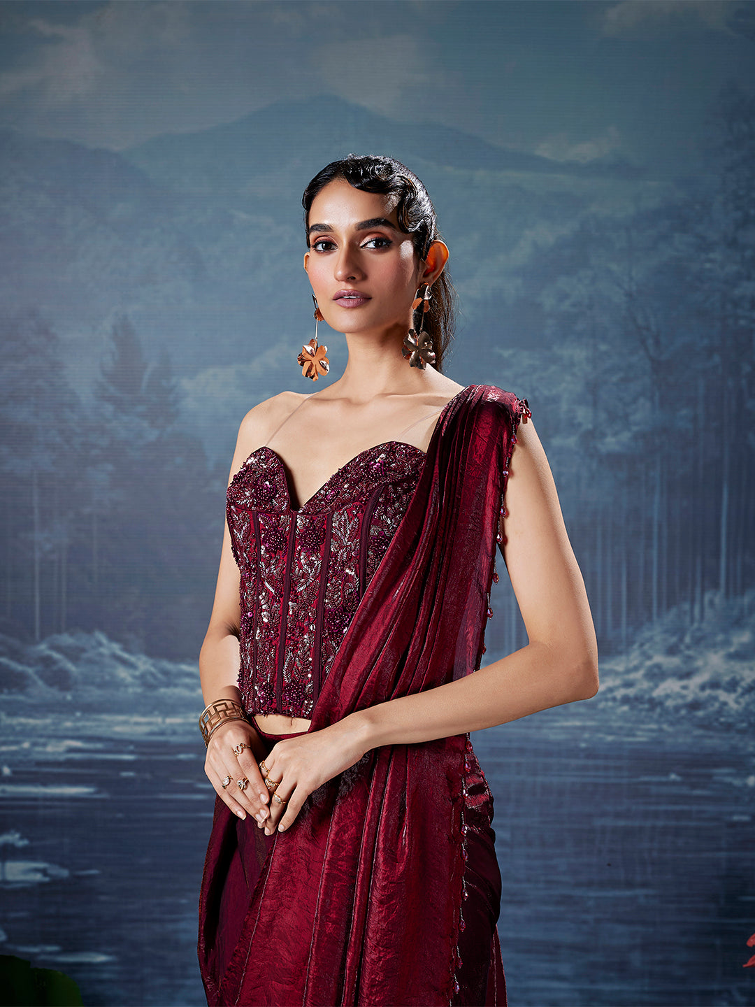 Maroon Velvet-Sheen Lycra Saree