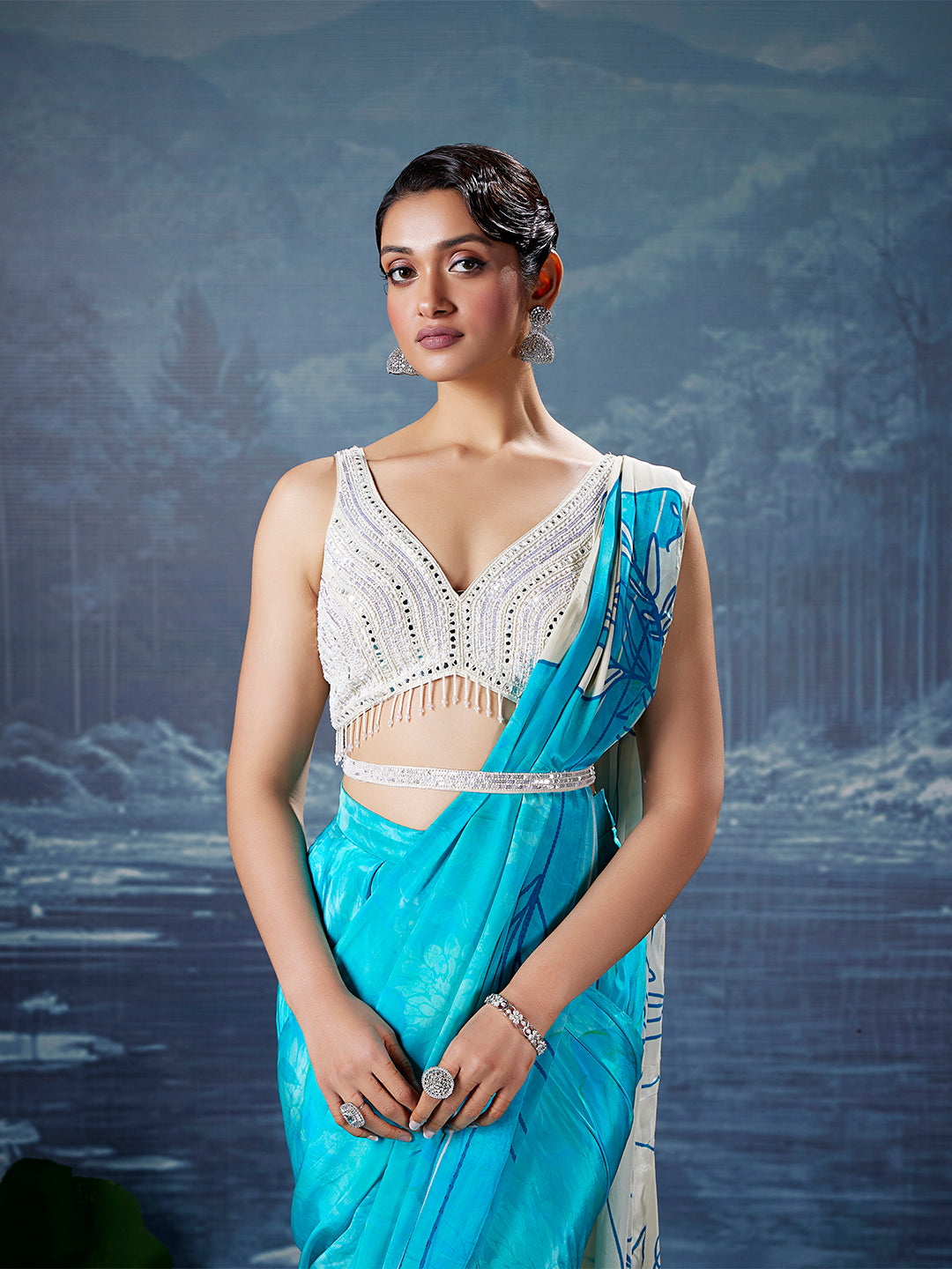 Azure Ethereal Pre-Draped Saree