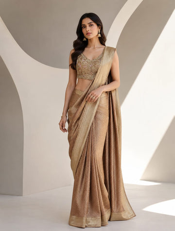 Champagne Gold Pre-Draped Saree Set