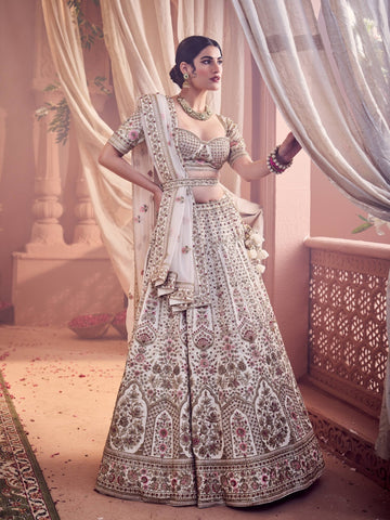 Cream Hand Embroidered Raw Silk Bridal Lehenga