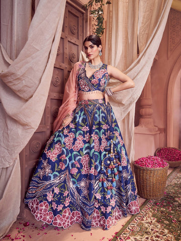 Midnight Blue Hand Embroidered Raw Silk Lehenga Set