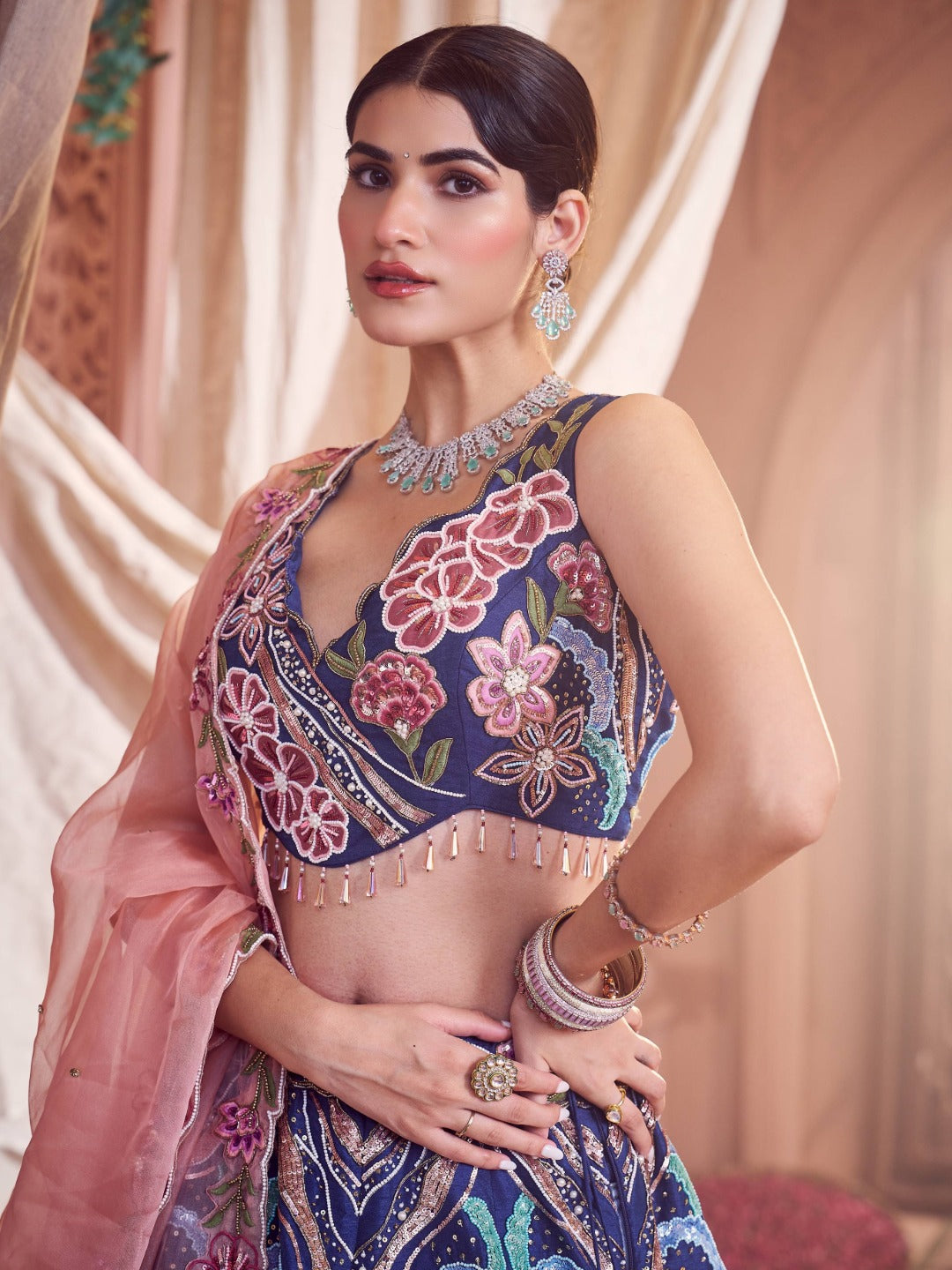 Midnight Blue Hand Embroidered Raw Silk Lehenga Set