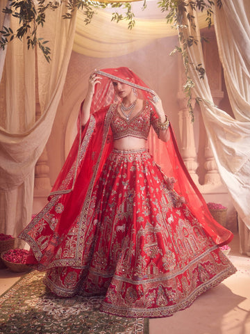 Vintage Red Hand Embroidered Raw Silk Lehenga Set
