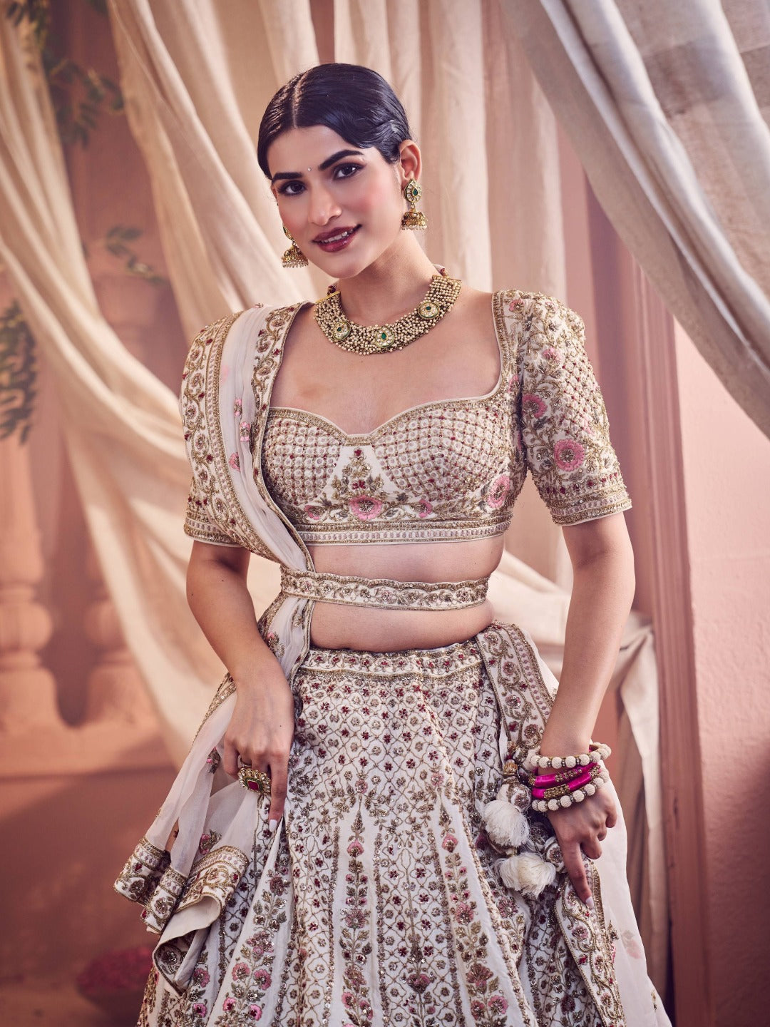Cream Hand Embroidered Raw Silk Bridal Lehenga