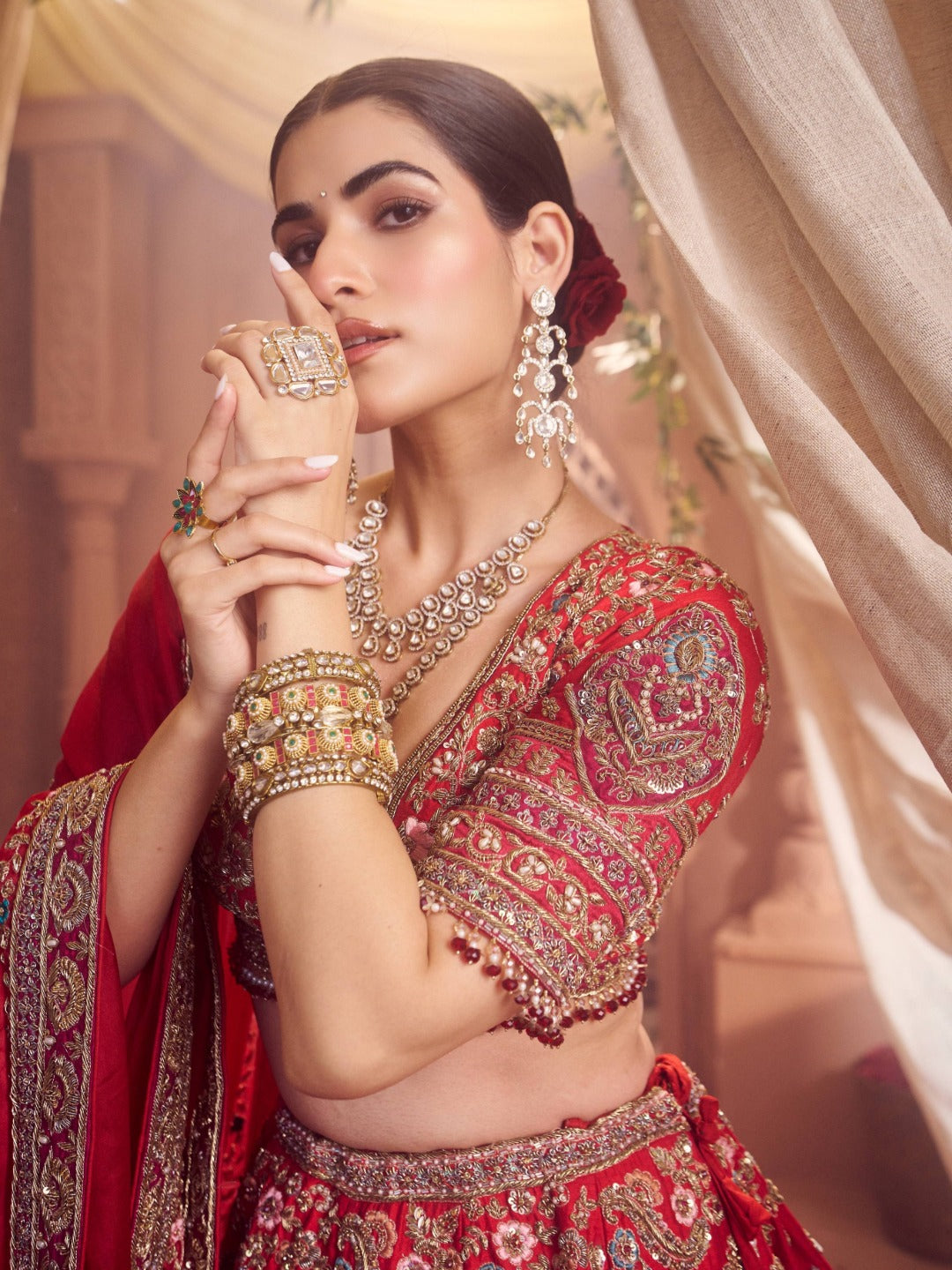 Vintage Red Hand Embroidered Raw Silk Lehenga Set