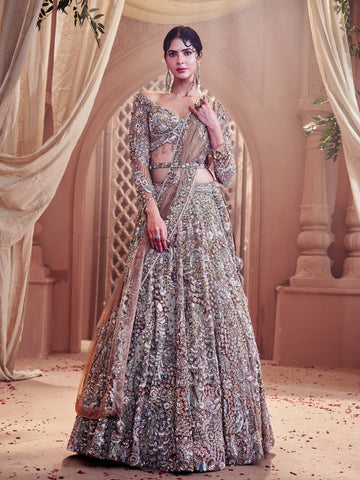 Champagne Gold Heavily Hand Embroidered Bridal Lehenga